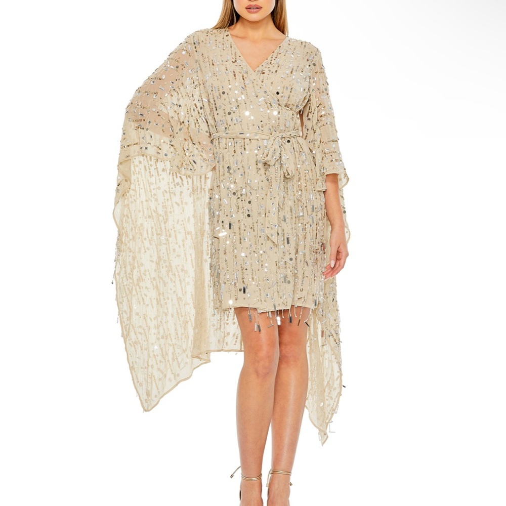 NWT $698 Small Mac Duggal 94044 Cape Sleeves Faux Wrap Dress